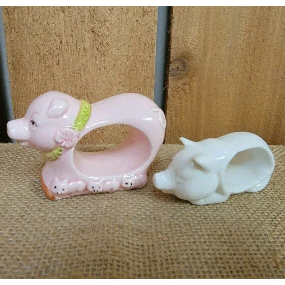 Pair of Vintage Pig Napkin Rings in Pink and White